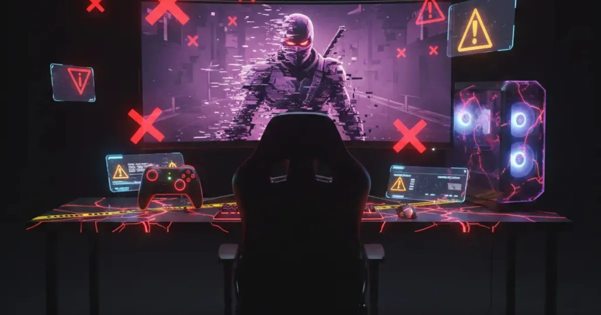 Setup gaming avec symboles erreur rouge X et avertissement éviter erreurs choix pseudo gamer