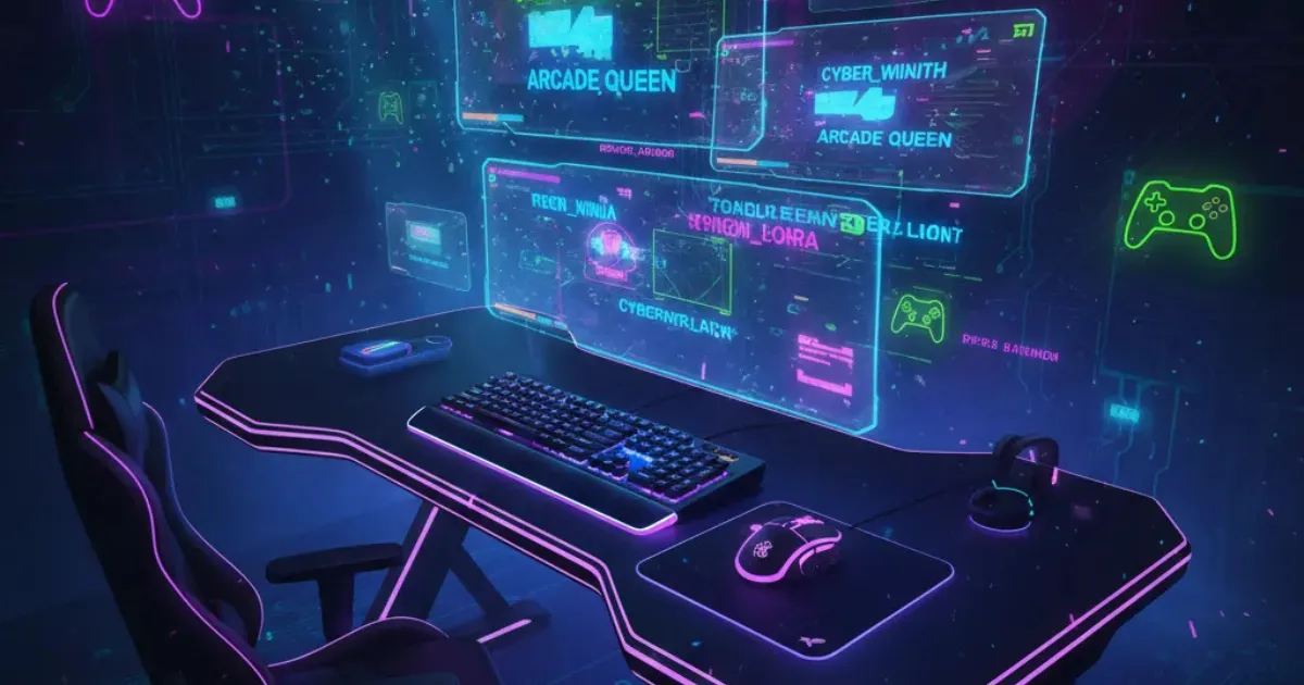 Bureau gaming avec écrans holographiques de pseudos en éclairage RGB néon