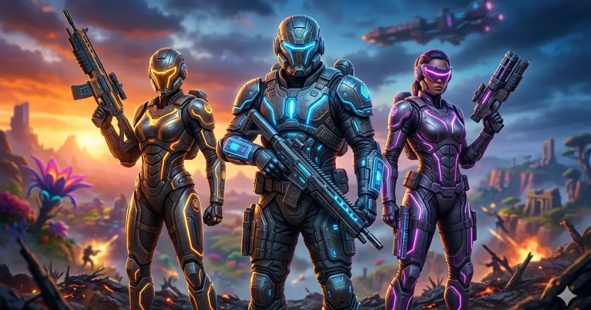 Trois guerriers futuristes en armure représentant des pseudos Apex Legends uniques pour battle royale avec armes high-tech